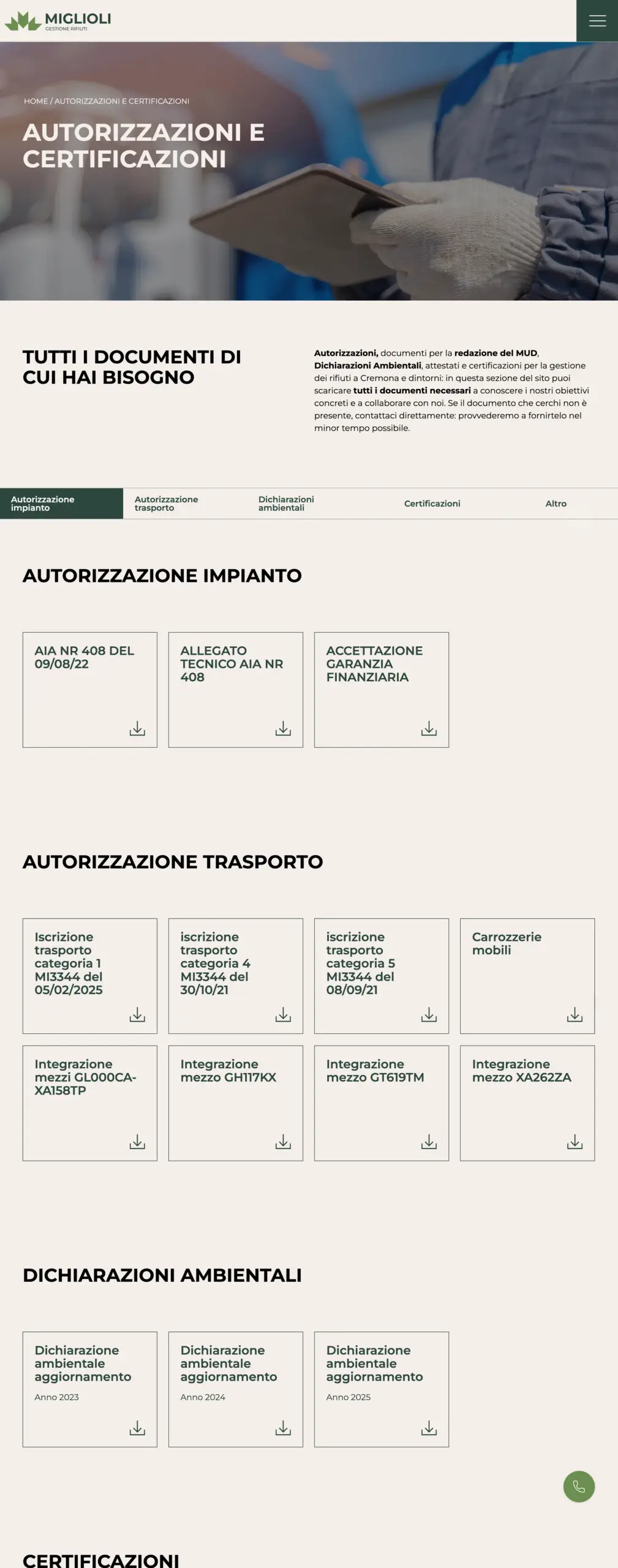 visuale completa del rebranding della pagina autorizzazioni e certificazioni di miglioli